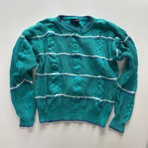 Vintage Teal Striped Cotton Cable Knit Sweater Men's Medium
